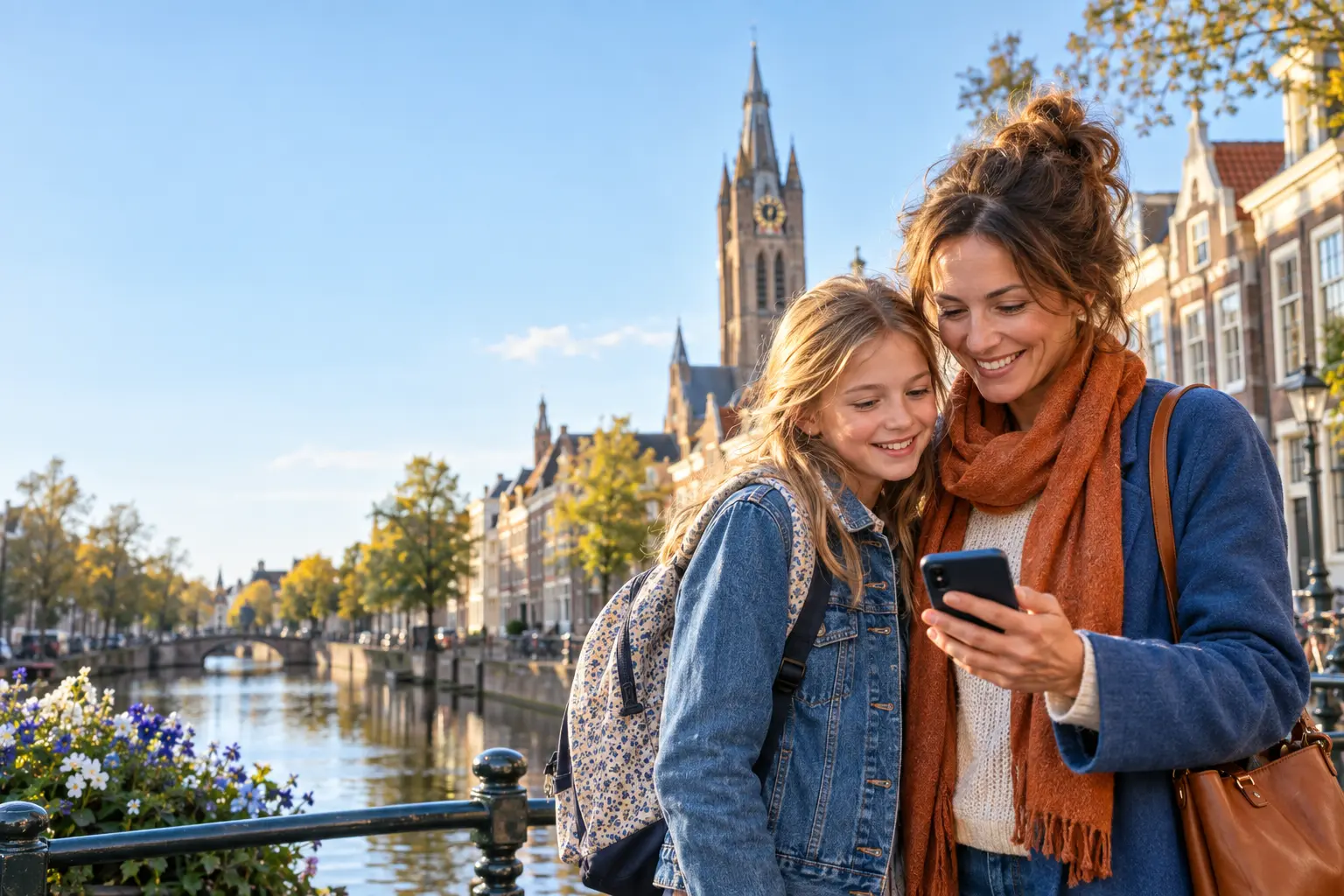 Mother and daughter looking at a phone by a Delft canal