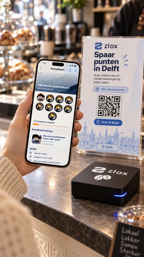 SmartBox op de toonbank van een café, naast een telefoon met een stempelkaart