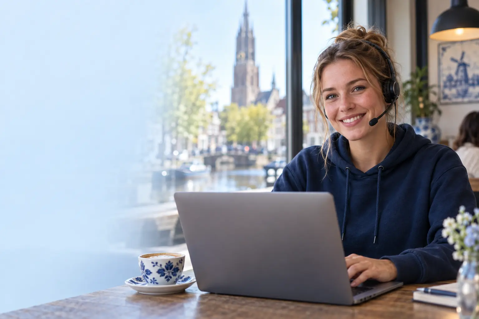 A Zlox support colleague helping from a café in Delft